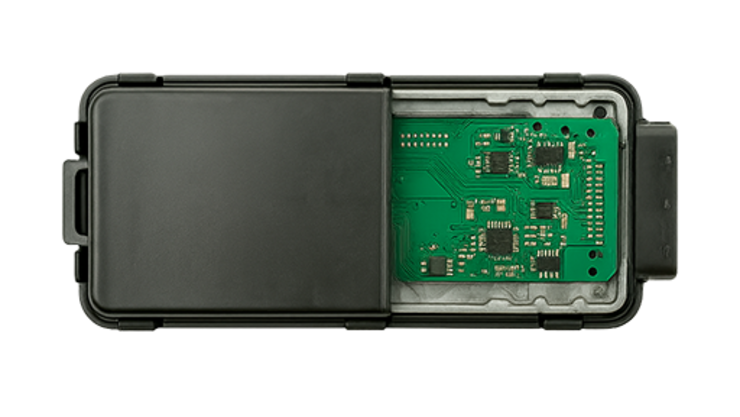 Electronic module with half-open cover and visible circuit board