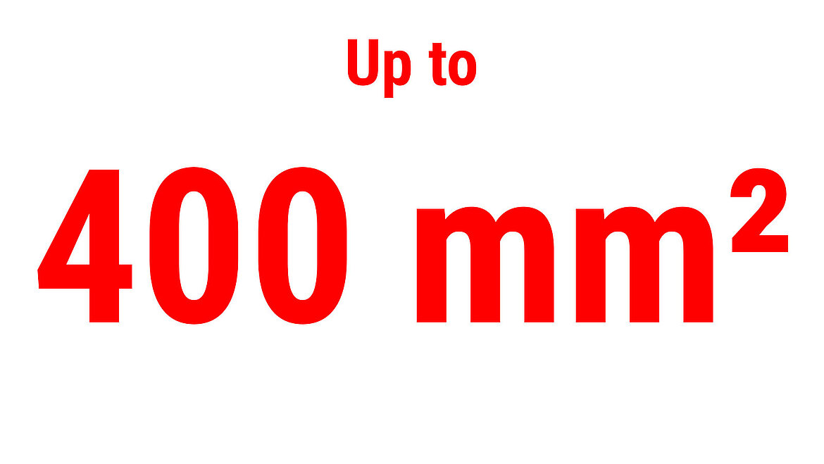 Red text showing “Up to 400 mm²” as a performance indicator