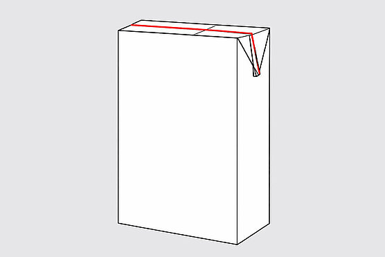 Brick-shaped beverage carton with red marked top seal
